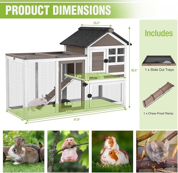 GUTINNEEN Large Rabbit Hutch Indoor 2-Level Wooden Chicken Coop Outdoor Bunny Guinea Pig Cage with Run, Chew-Proof Ramp, Leak-Proof Pull Out Tray, Lockable Doors for Small Animals (Brown & White)