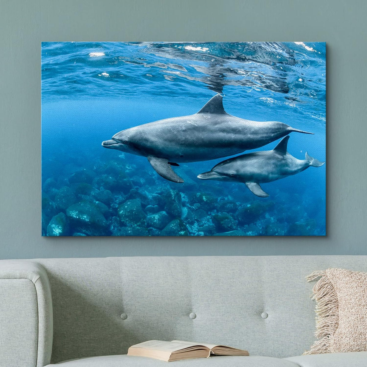 wall26 Canvas Print Wall Art Tropical Ocean Sea Underwater Dolphin Duo Nature Animals Photography Realism Rustic Scenic Landscape Wilderness Earth Colorful for Living Room, Bedroom, Office - 32"x48"