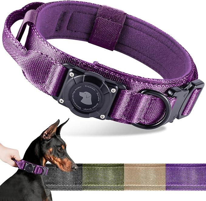 2025 Upgrade Waterproof AirTag Dog Collar, Military Tactical Dog Collar with AirTag Holder, Comfortable Control Handle and Metal Buckle, GPS Dog Collar Holder for Medium to Large Dogs (Purple, L)