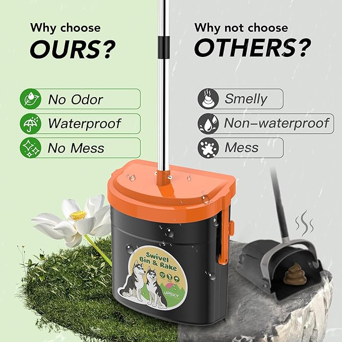 UPSKY Dog Pooper Scooper Swivel Bin & Rake Kit with 100 Waste Bags,33.4" Stainless Steel Long Handle Heavy Duty Pet Poop Shovel for Large Medium Small Dogs, Odor-Proof Lid for Yard/Lawn/Outdoor Use