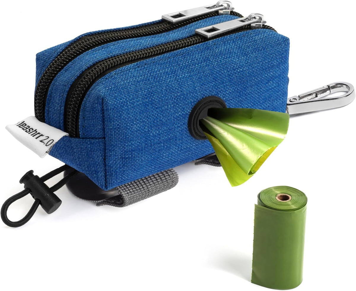 Dog Poop Bag Holder for Leashes - Dog Poop Bag Dispenser and Treat Holder with 2 Waterproof Pouches for Pet Waste Bags and Walking Accessories + 1 Free Roll - Leashrr 2.0 (Blue)