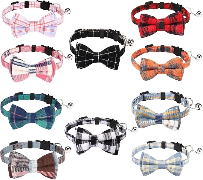 10 Pcs Cat Collar Breakaway with Bow Tie and Bell Kitten Collars Removable Bowtie Plaid Cat Collar for Cats Kittens Puppy (Fashion)