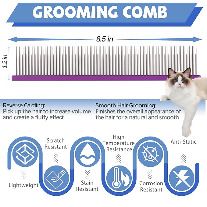 8.5 Inch Dual Tooth Pet Comb for Mats and Tangles,Poratable Grooming Dematting Comb for Indoor Long-haired Cats and Dogs,Pet Family Supplies,Removing Tangles,Knots,Undercoat and Excess Hair