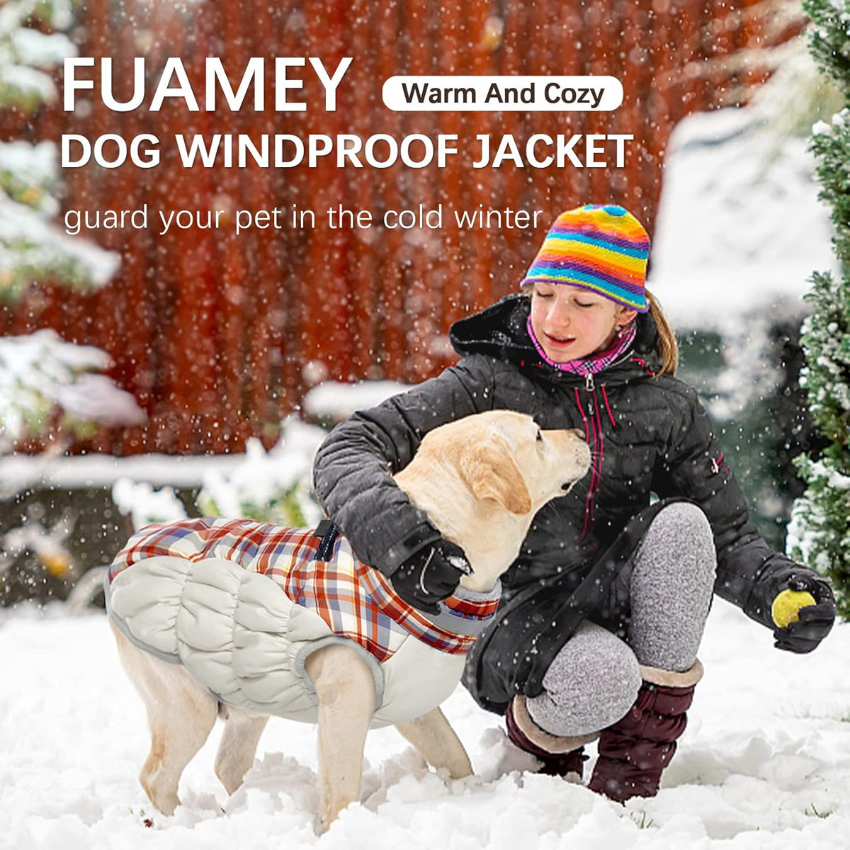 FUAMEY Dog Coat for Large Dogs,Waterproof Dog Winter Jacket with Harness Built in Puppy Cold Weather Coats Reflective Pet Vest with Zipper Warm Fleece Dogs Snowsuit Windproof Red Plaid XXXL