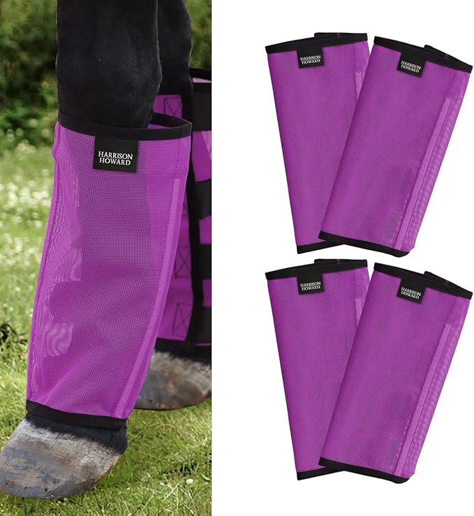 Harrison Howard Loose Fitting Fly Boots UV-Protective Extra Tough Mesh Ventilated Four Fasteners Stay-on Design Protect Horse Legs & Stomp-Reducing Set of 4 Purple Mini
