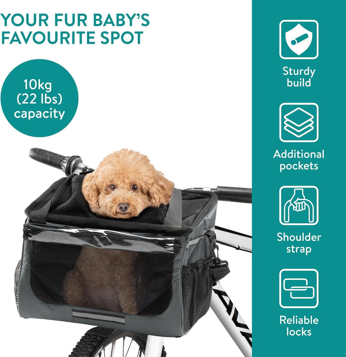 Navaris Pet Carrier for Bikes - Bike Basket Dog Carrier - Ideal Carriers for Small to Medium Dogs Up to 10kg (22lbs) - Drawstring Bag with Secure Locks and Strap - Grey