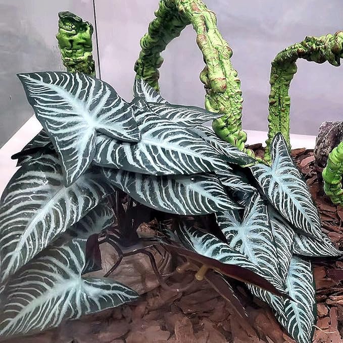Reptile Plants,Terrarium Decor,Amphibian Habitat Decor,Artificial Plants for Gecko Chameleon Snake Tortoise Tank Accessories with Base(Xanthosoma sagittifolium)