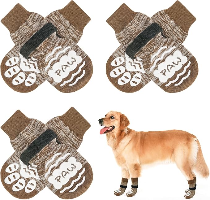 BEAUTYZOO Anti Slip Dog Socks for Small Medium Large Dogs,Paw Protector with Grips for Hardwood Floor Hot/Cold Pavement,Traction Control 3 Pairs AntiTwist Dog Shoes to Prevent Licking for Senior Dog