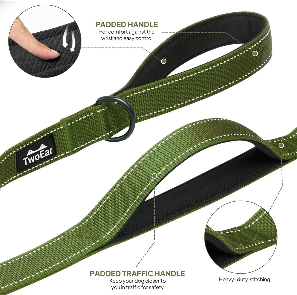 TwoEar 4FT 1IN Strong Green Dog Leash with 2 Padded Handles, Traffic Handle Extra Control, Comfortable Soft Dual Handle, Auto Lock Hook, Reflective Walking Lead for Small Medium and Large Dogs