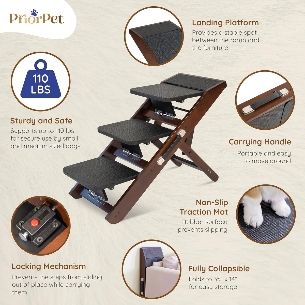 Dog Steps for Bed & Couch 2-in-1 Dog Stairs/Ramp - Height Adjustable Dog Ramp for Couch 7” - 20” - Pet Stairs, Dog Stairs for Small Dogs - Easy to Move Pet Steps with Landing Platform, Walnut