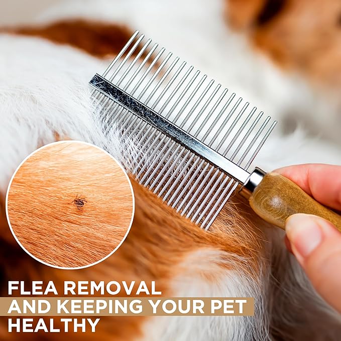 Takavu Double-Sided Metal Pet Comb for Dogs & Cats - Stainless Steel Teeth for Detangling, Removing Loose Hair & Flea Check - Grooming Tool