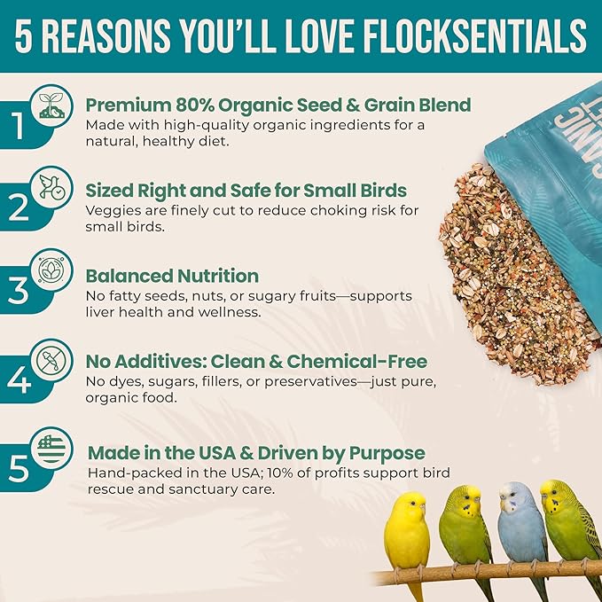 80% Organic Parakeet Food - No Fillers, Fatty Seeds, or Dyes - Budgies, Lovebirds & Parrotlets - Premium Human Grade Seed Mix, Grain & Wholesome Veggies – Made in USA (4 lbs)