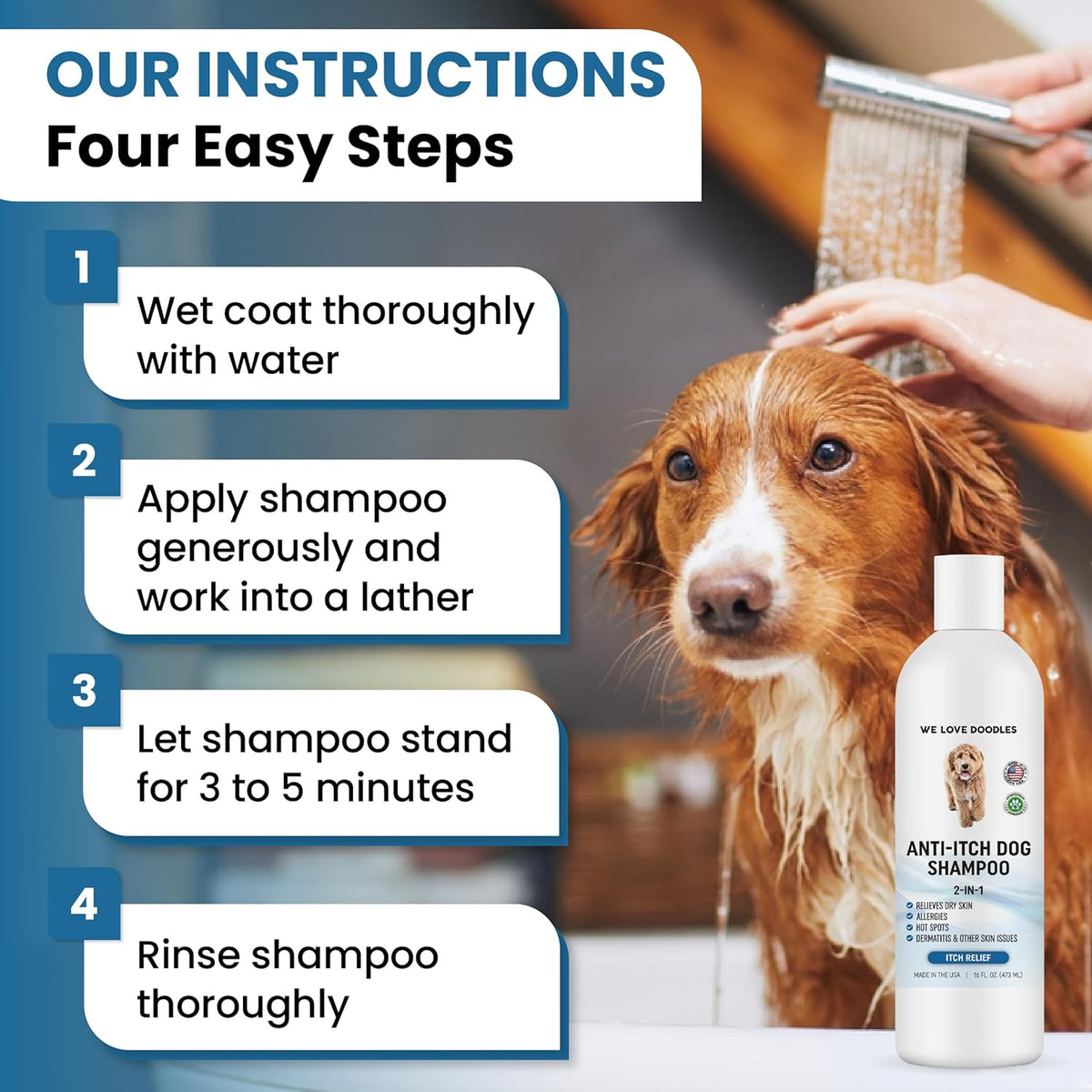 Premium Anti Itch Dog Shampoo for Sensitive Skin, Made in USA, Dry Skin Treatment for Dogs, Great for Allergies, Itching, Hot Spots, Natural Ingredients & Allergy Relief, 16 OZ [We Love Doodles]