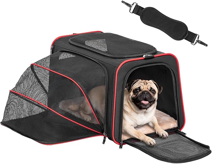 Petsfit Expandable Dog Carrier Large Cat Carrier, Soft-Sided Portable Collapsible Pet Travel Carrier for Kittens, Puppies or Small Animals, 19 x12x12 Inches, Black