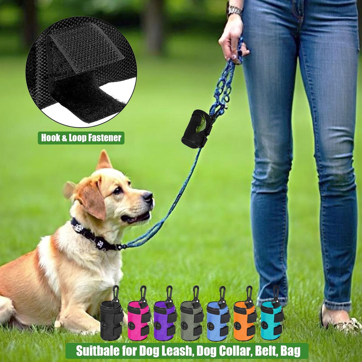 Dog Poop Bag Holder for Leash Attachment - Waste Bag Dispenser for Leash - Fits Any Dog Leash - Portable Set with Hand Free Holder Metal Carrier, Round Shape, Orange