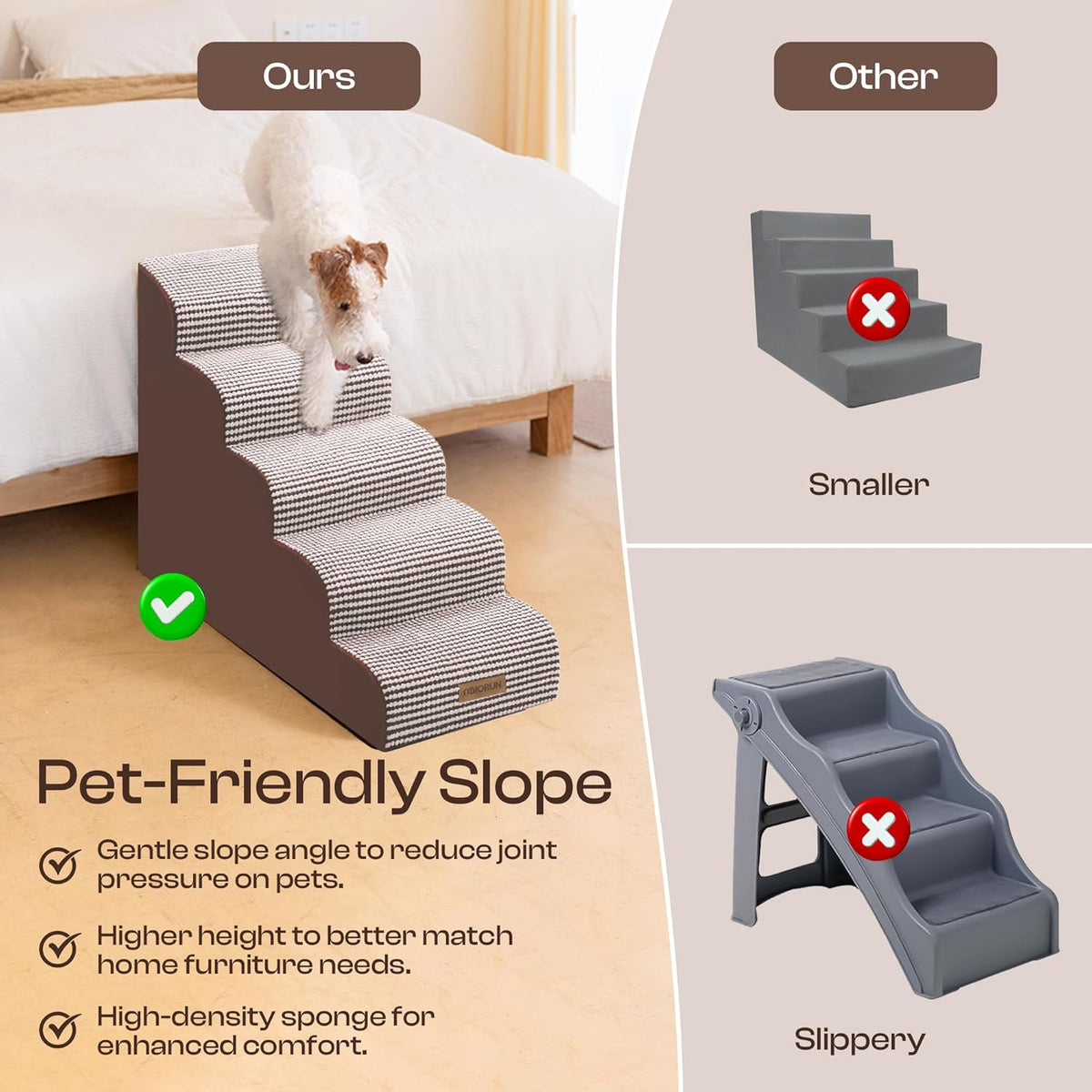 Curved Dog Stairs for High Bed Up to 26", 5-Step Dog Ramp for Small Dogs with Washable Cover, Non-Slip Steps for Cats to Get on Couch and Sofa, Durable Foam Ladder for Medium Breeds, White Coffee