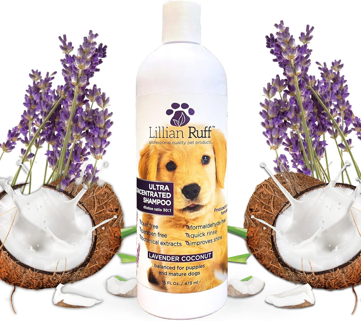 Lillian Ruff High Concentrate Professional Grooming Shampoo for Dogs with Hydrating Essential Oils – 30:1 Concentration for Bathing System - Clean, Condition, & Deodorize Dry, Sensitive Skin (16oz)