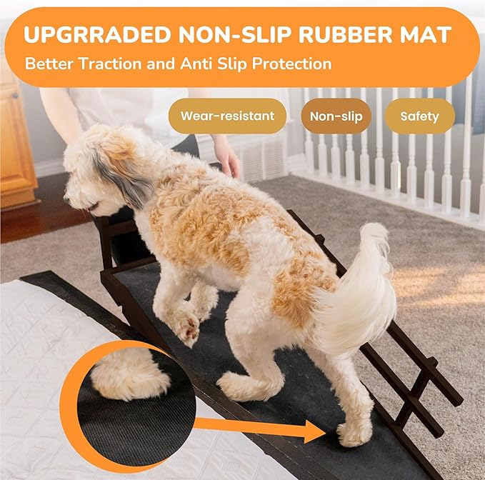 Dog Ramp for Bed, 5 Level Adjustable Dog Ramp for High Beds, Upgrade Rubber Mat High Traction Ramp with Safety Rails, Folding Pet Ramp for Bed, Couch,SUV, Natural Wood Pet Ramp for Small & Old Dogs