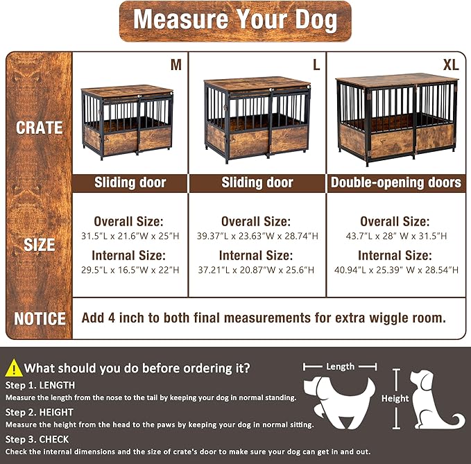 KOOPRO 43.7" Inch Dog Crate Furniture with Cushion for Large Dogs, Wooden Heavy Duty Dog Kennel with Double Doors Indoor, Decorative Pet House Dog Cage Side End Table, Rustic Brown
