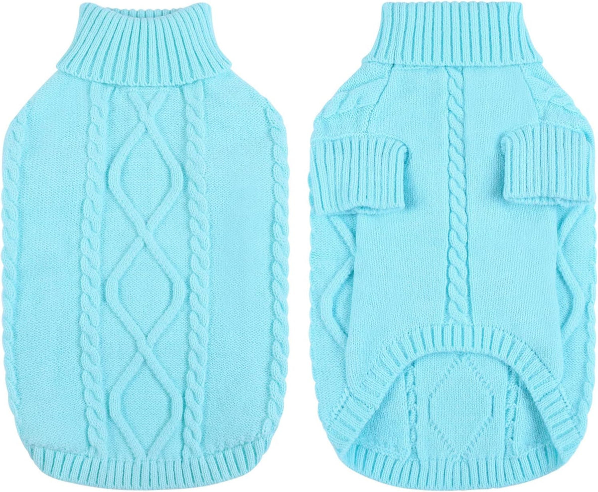 Queenmore Small Dog Pullover Sweater, Cold Weather Cable Knitwear, Classic Turtleneck Thick Warm Clothes for Chihuahua, Bulldog, Dachshund, Pug (Sky Blue, X-Small)