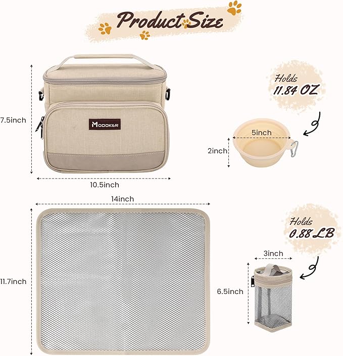 Modoker All-in-One Dog Travel Bag Airline Approved Pet Cat Tote Organizer for Weekend Trips, 2 Bowls, 2 Food Containers & Feeding Mat