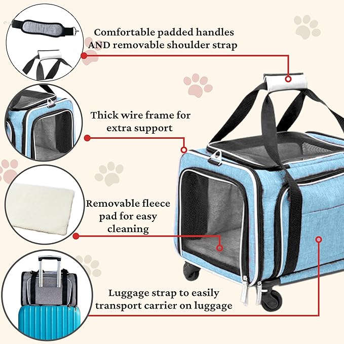 Airline Approved Expandable Premium Pet Carrier on Wheels- Two Sided Expandable Rolling Carrier- Designed for Dogs & Cats- Extra Spacious Soft Lined Carrier! - Light Blue