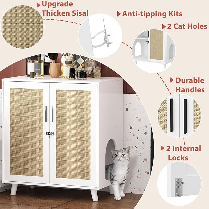 Lovinouse Large Cat Litter Box Enclosure,Hidden Kitty Litter Furniture with Sisal Covered Doors,2-Layer Wooden Cat Washroom Cabinet w/Adjustable Shelf, Side Table for Living Room,White