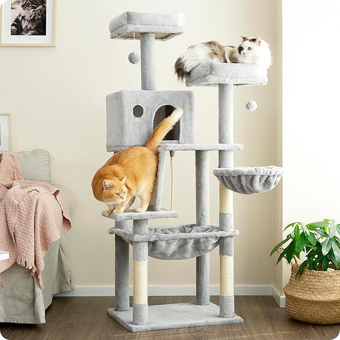Ouritsu Cat Tree, 56 inch Tall Cat Tower for Large Cat Indoor, Large Condo, 2 Padded Perches, Steel-Framed Hammock, Scratching Post and ramp, Fluffy Basket, Light Gray, LF001GA