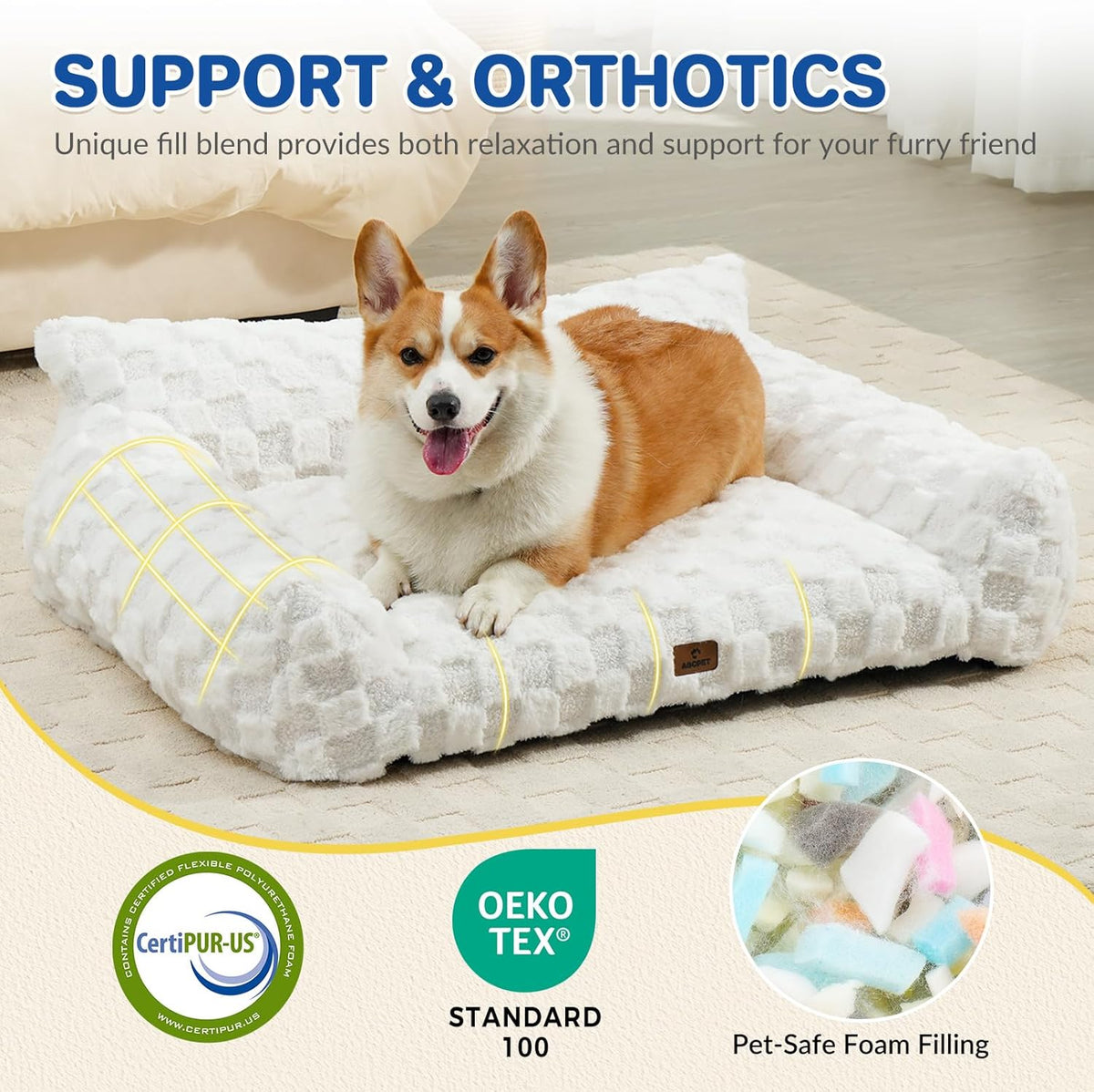Cat Bed Dog Couch for Puppy and Kitten, Fluffy Dog Bed Medium Dogs Couch, Supportive Cat beds for Indoor Cats, Washable Cover & Non-Slip, 32 inch, White