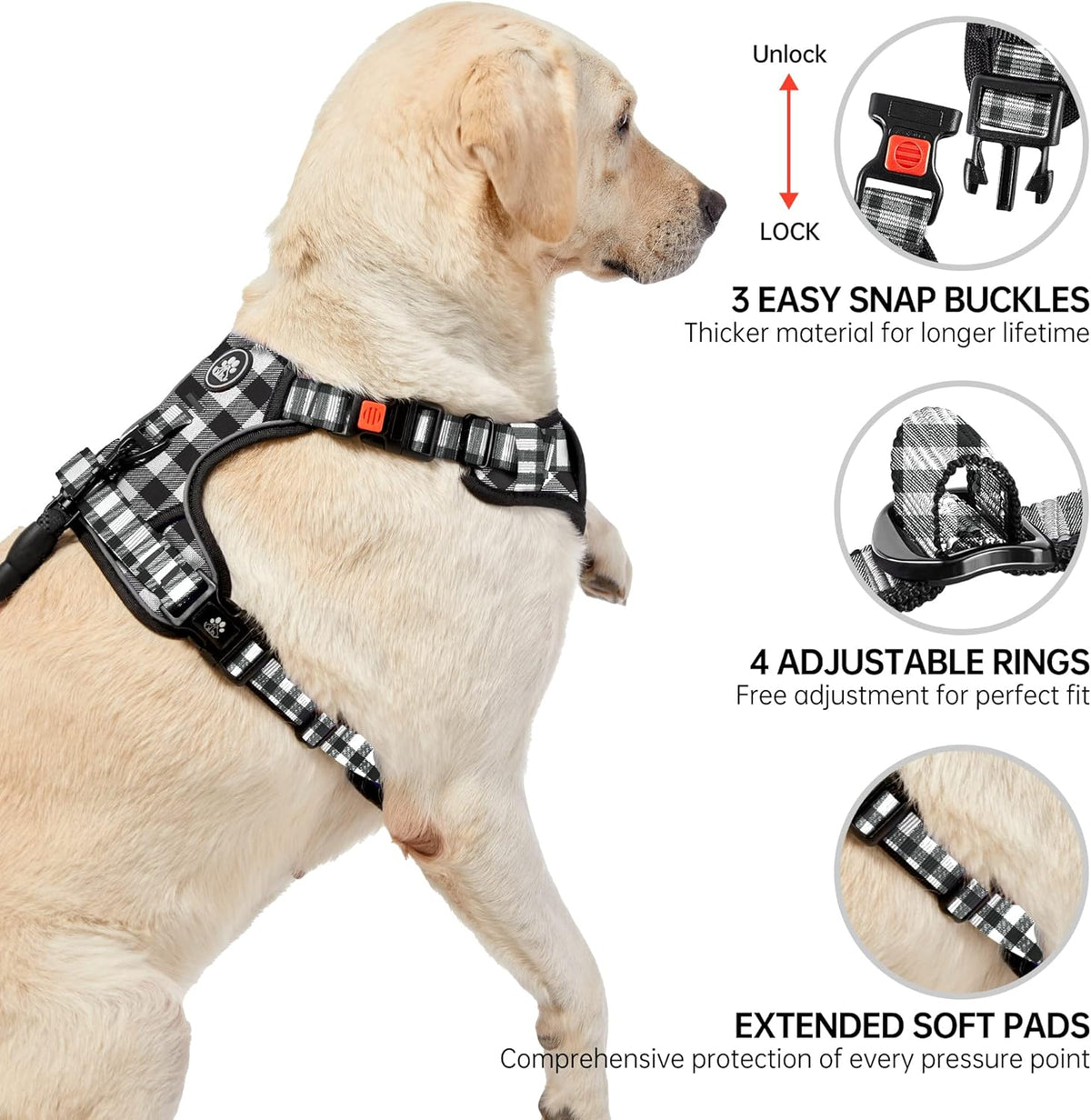 NESTROAD No Pull Dog Harness with Leash, Reflective No Choke Pet Vest Harness,Adjustable Soft Padded Dog Harness with Easy Control Handle for Large Dogs(Checkered Black,X-Large)
