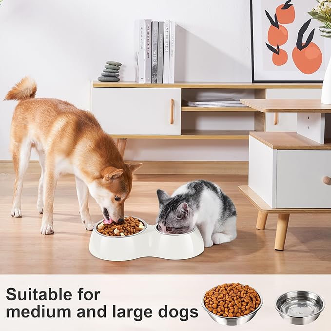 Double Dog Bowls Set – Non-Slip Pet Food & Water Dishes with Resin Stand, Includes Small (1 Cup) & Medium (2 Cups) Bowls – Ideal for Puppies, Cats, and Medium Dogs – White