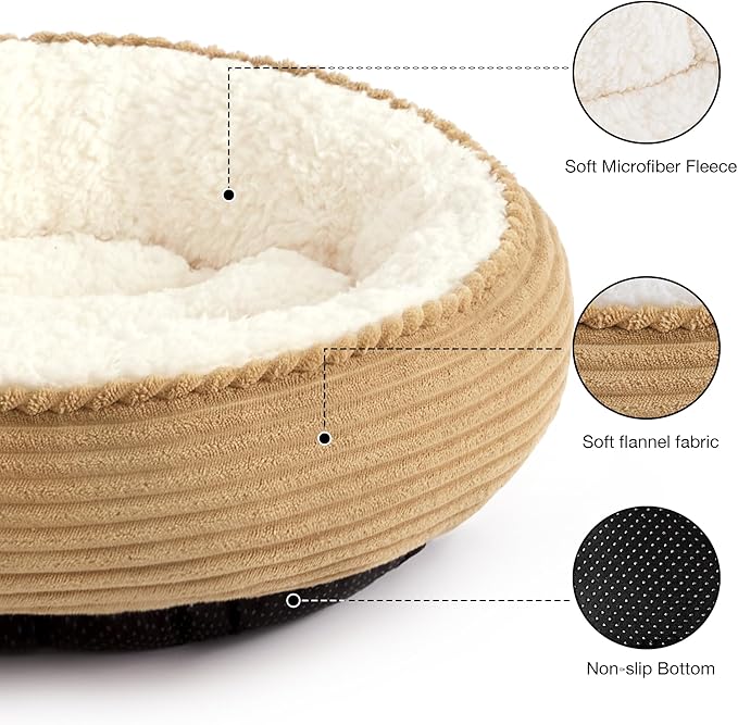 Love's cabin Round Donut Cat and Dog Cushion Bed, 20in Pet Bed for Cats or Small Dogs, Anti-Slip & Water-Resistant Bottom, Super Soft Durable Fabric Pet beds, Washable Luxury Cat Dog Bed Stripe Camel