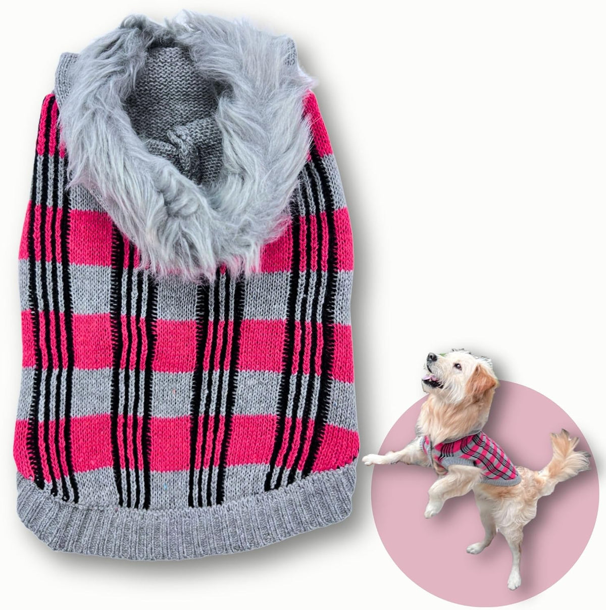 Cute Sweater for Dogs and Cats Soft Flannel Pet Outfit Warm and Cozy Animal Hoodie Small to Large Pet Clothes for Halloween Parties and Everyday Wear (Large, Pink Checkered with Hat)