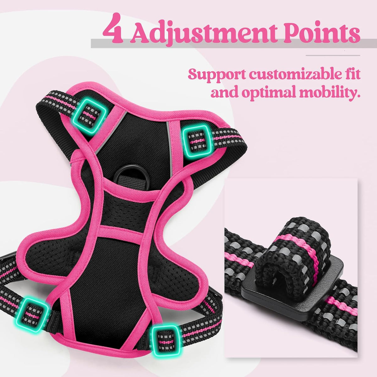 rabbitgoo Dog Harness No Pull with 2 Leash Clips, Adjustable Soft Padded, Reflective Oxford No Choke Pet Vest with Easy Control Handle for Large Dogs, Black & Hot Pink, XS