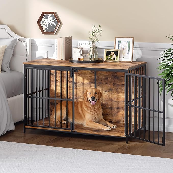 HOOBRO 46.5" Large Dog Crate Furniture, Wooden Dog Kennel Indoor, Heavy Duty Dog Cage for Large/Medium Dog, Decorative Side End Table, Rustic Brown and Black BF120GW03