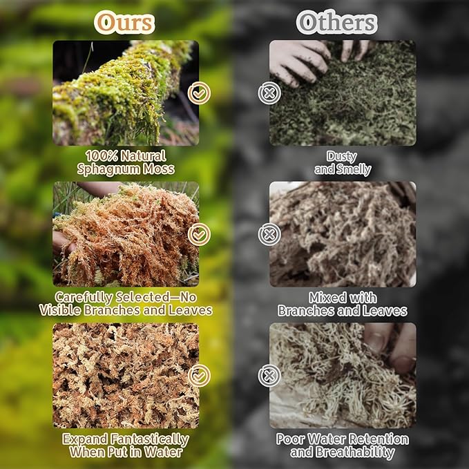 Riare 14OZ Premium Sphagnum Moss for Reptiles- 20QT Natural Reptile Moss Dried, Forest Live Moss for Terrarium, Frogs Snake Peat Moss Bedding for Leopard Gecko Turtle Anoles Salamanders Orchids Plants