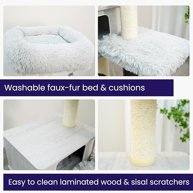 Catry Kasio 6 Level 54" High Modern Cat Tree with Laminated Wood Condo,Replaceable Scratching Posts,Removeable Washable Beds, Self Grooming Brush and Toys.(Light Gray)