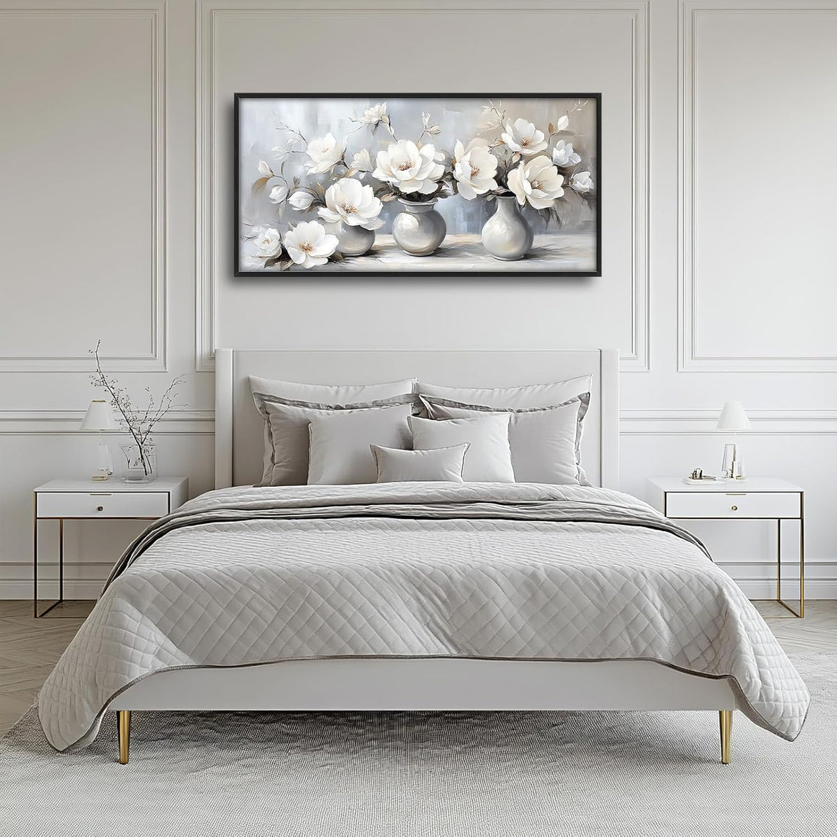 Large Farmhouse Floral Wall Art for Living Room, Framed Oversized White Flower Vase Wall Decor Grey Floral Canvas Painting Pictures Modern Artwork for Bathroom Bedroom Office Dining Room 60"x30"