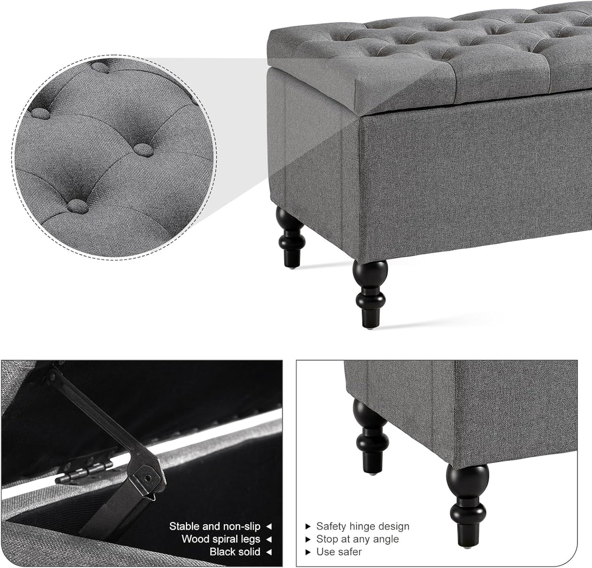 Ottoman with Storage,50.2-inch Upholstered End of Bed Storage Bench for Bedroom,for The Living Room,for Entryway, with Button and Safety Hinges,Detachable (Grey)
