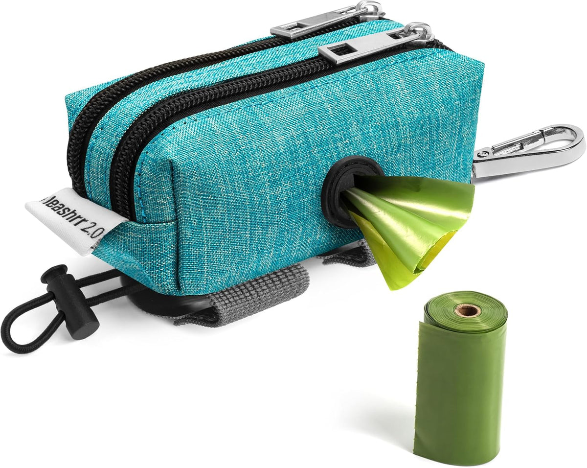 Dog Poop Bag Holder for Leashes - Dog Poop Bag Dispenser and Treat Holder with 2 Waterproof Pouches for Pet Waste Bags and Walking Accessories + 1 Free Roll - Leashrr 2.0 (Teal)