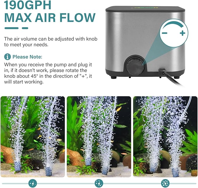 hygger Ultra Quiet Aquarium Air Pump: 6W Whisper Silent Adjustable Fish Tank Air Pump, Powerful Oxygen Aerator Bubbler Pump with Dual Outlets, Air Stone & Full Accessories for Up to 300 Gallon Tanks