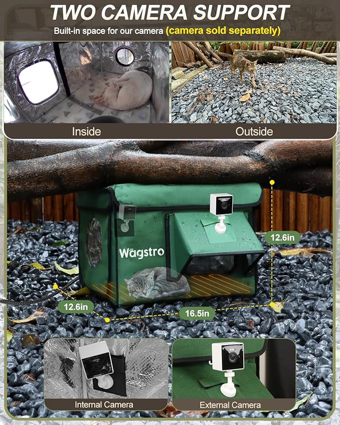 Heated Cat House for Outside, Waterproof Awning & Escape Door Heated Cat Houses for Indoor/Outdoor Cats in Winter, Elevated & Insulated Outdoor Cat Shelter for Feral Cat(Green, 16.5"x12.6"x12.6")