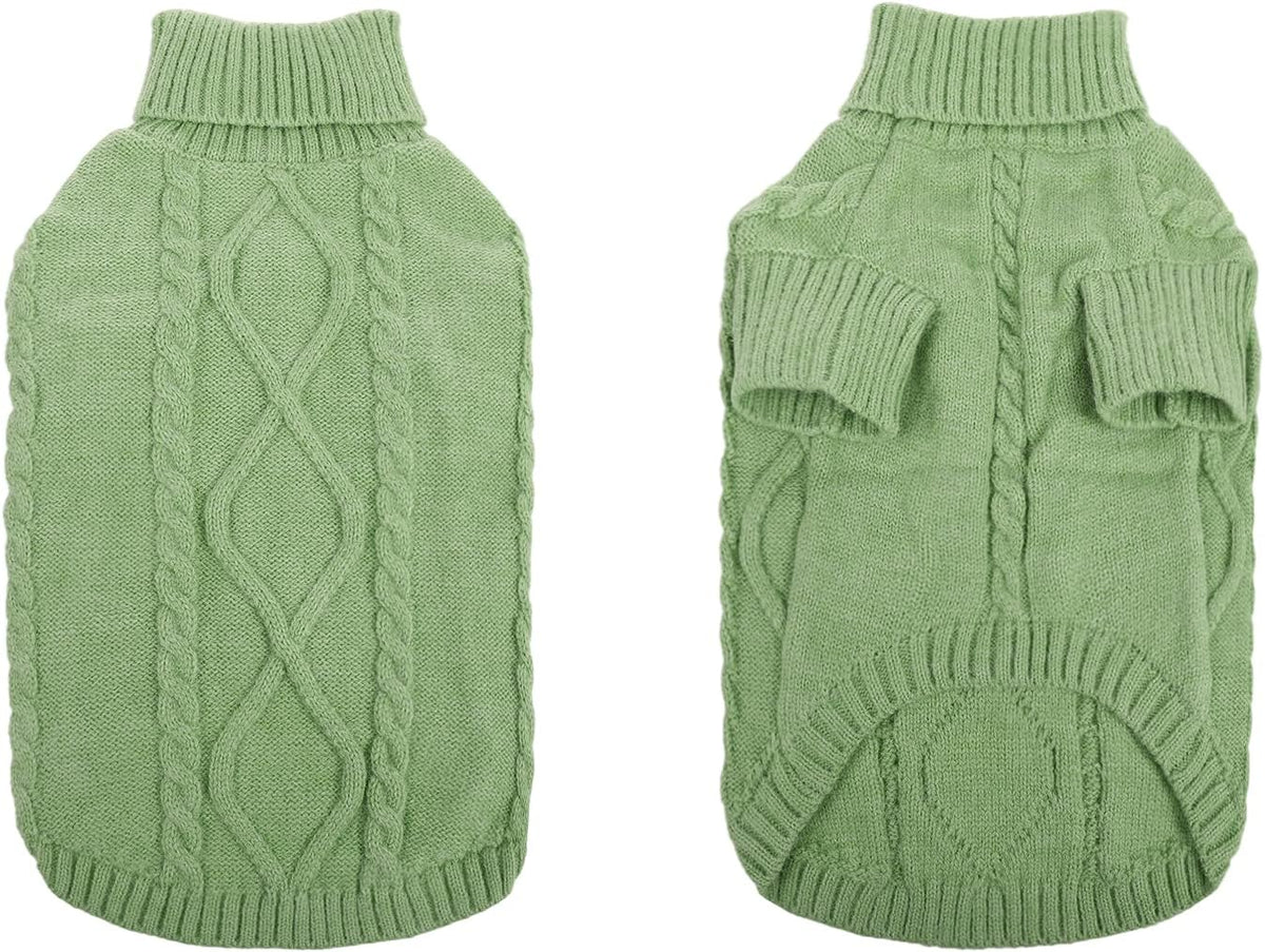 Queenmore Small Dog Pullover Sweater, Cold Weather Cable Knitwear, Classic Turtleneck Thick Warm Clothes for Chihuahua, Bulldog, Dachshund, Pug, Yorkie (Green, X-Small)