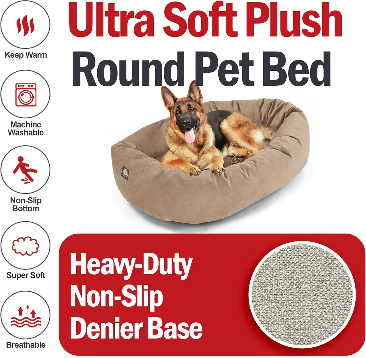 Majestic Pet 52 Inch Suede Shredded Memory Foam Mix Calming Extra Large Dog Bed Washable 52 x 35 x 11 (Inch) - Cozy Soft Donut Round Dog Bed with Spine for Head Support - Pet Bed Stone
