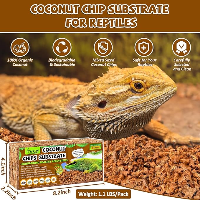 Legigo 2 Pack Coconut Chip Substrate for Reptiles, Natural Coco Husk Chip Reptiles Bedding, Compressed Coconut Chip Substrate for Snake, Tortoise, Ball Python, Gecko, Lizard Terrarium Tanks