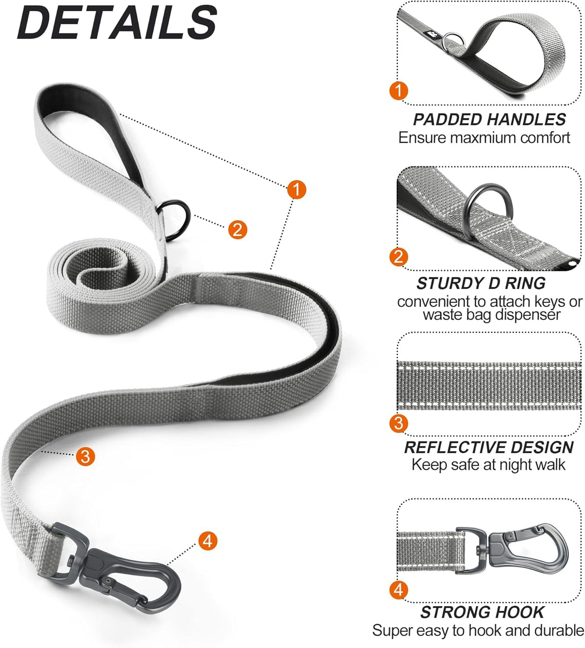 TwoEar 4FT 1IN Strong Gray Dog Leash with 2 Padded Handles, Traffic Handle Extra Control, Comfortable Soft Dual Handle, Auto Lock Hook, Reflective Walking Lead for Small Medium and Large Dogs