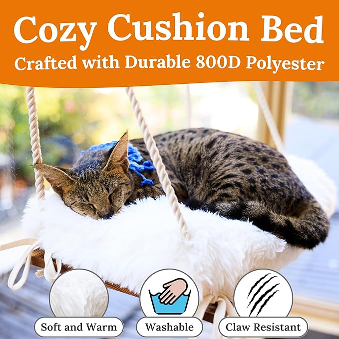 Cat Window Perch for Large Cats - Hammock Bed for Heavy Indoor Cats - Solid Wood Seat, 5 Strong Suction Cups, Soft Cushion - Rustic Shelf for Pets Inside