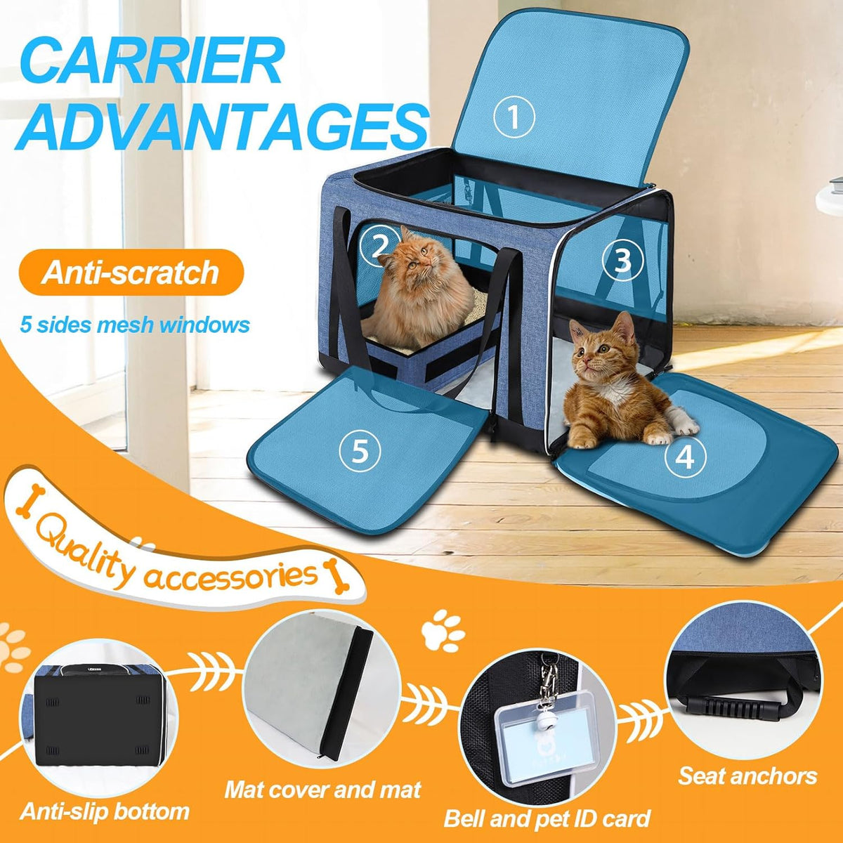 Petskd Extra Large Cat Carrier with Wheels and Litter Box 24"x17"x17" for Large Cat or 2 Small Cats, Collapsible Soft Sided Pet Carrier for Car Travel with Lockable Safety Zippers(Blue)