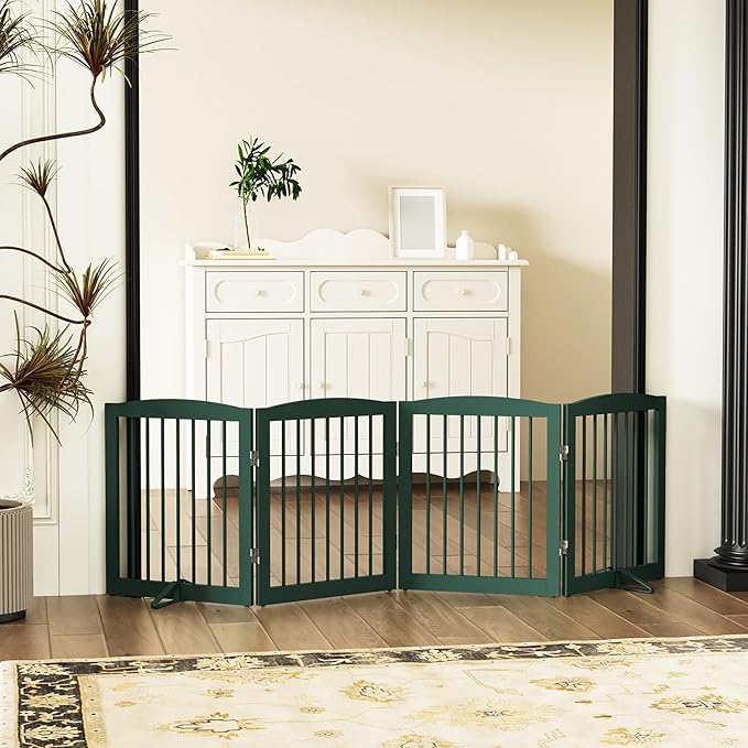 Freestanding Pet Gate for Dogs, Foldable Wooden Dog Gate for House, Indoor Dog Gate for Stairs, Doorways, Step Over Pet Puppy Safety Fence, 80 Inch Wide, 4 Panels 24", Green