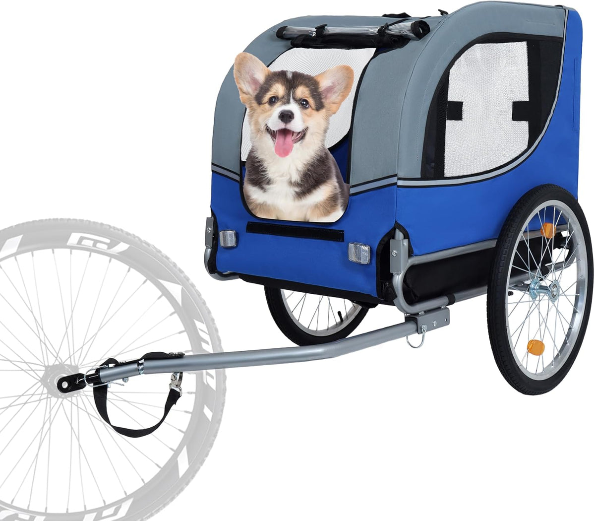 Blue-Grey Large Folding Bike Trailer for Dogs – Heavy-Duty Steel Frame, 66LB Capacity Pet Carrier for All-Terrain Cycling, Jogging & Camping Adventures!
